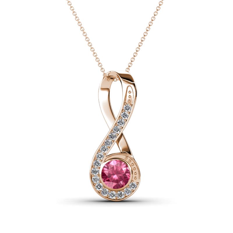 Mandana 5.00 mm Round Pink Tourmaline and Diamond Vertical Infinity Pendant Necklace 