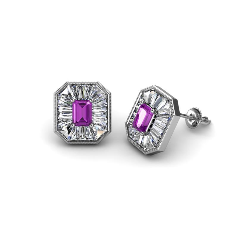 Pamela Iris Emerald Cut Amethyst and Baguette Diamond Milgrain Halo Stud Earrings 