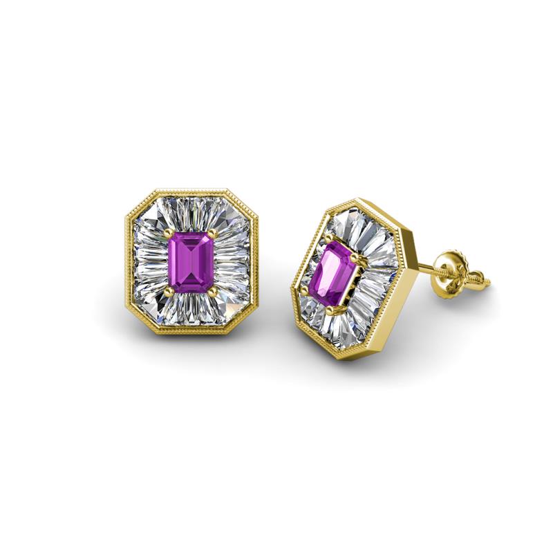 Pamela Iris Emerald Cut Amethyst and Baguette Diamond Milgrain Halo Stud Earrings 