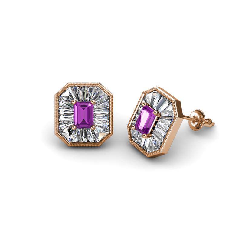 Pamela Iris Emerald Cut Amethyst and Baguette Diamond Milgrain Halo Stud Earrings 