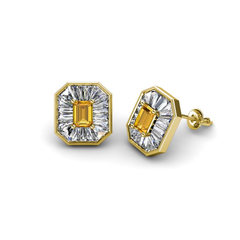 Pamela Iris Emerald Cut Citrine and Baguette Diamond Milgrain Halo Stud Earrings 