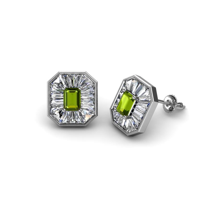 Pamela Iris Emerald Cut Peridot and Baguette Diamond Milgrain Halo Stud Earrings 
