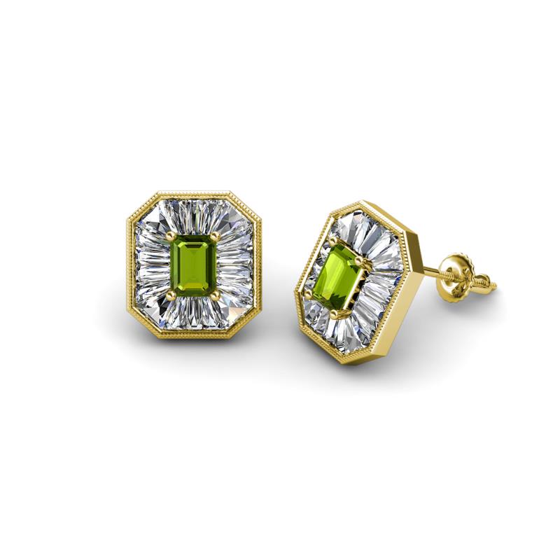 Pamela Iris Emerald Cut Peridot and Baguette Diamond Milgrain Halo Stud Earrings 
