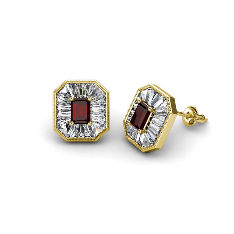 Pamela Iris Emerald Cut Red Garnet and Baguette Diamond Milgrain Halo Stud Earrings 