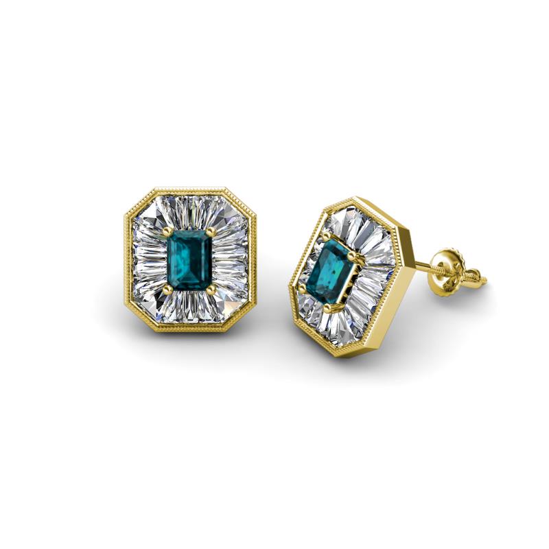 Pamela Iris Emerald Cut London Blue Topaz and Baguette Diamond Milgrain Halo Stud Earrings 