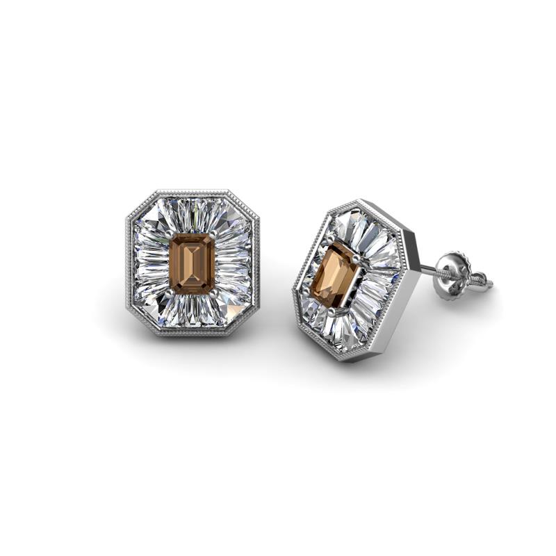Pamela Iris Emerald Cut Smoky Quartz and Baguette Diamond Milgrain Halo Stud Earrings 
