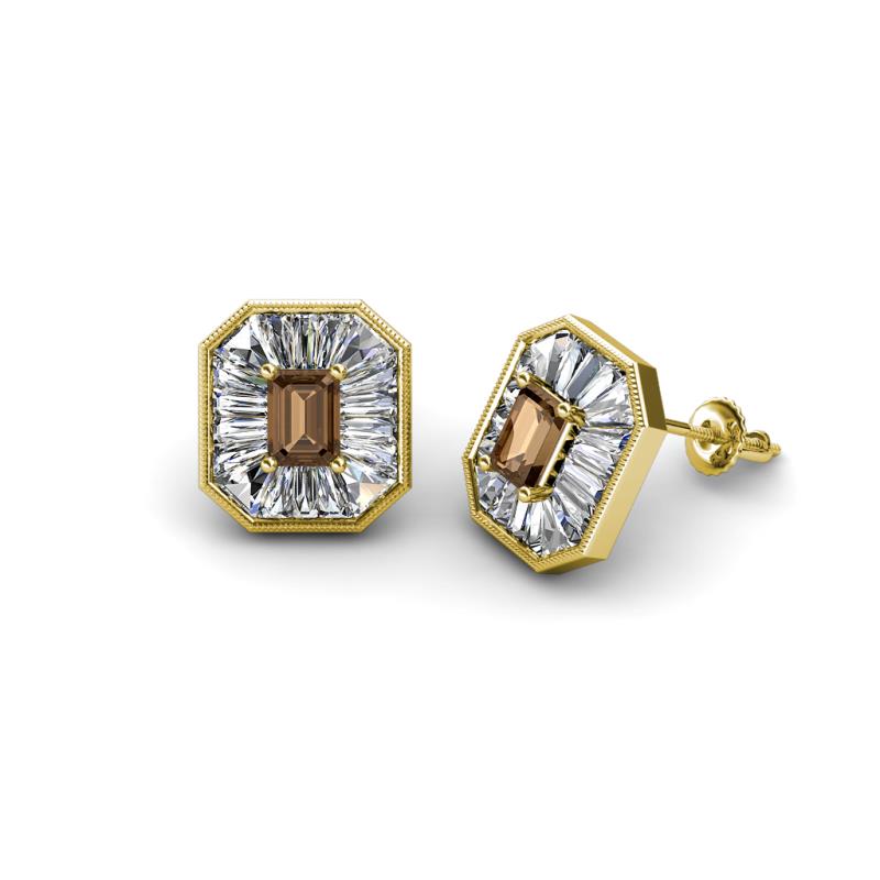 Pamela Iris Emerald Cut Smoky Quartz and Baguette Diamond Milgrain Halo Stud Earrings 