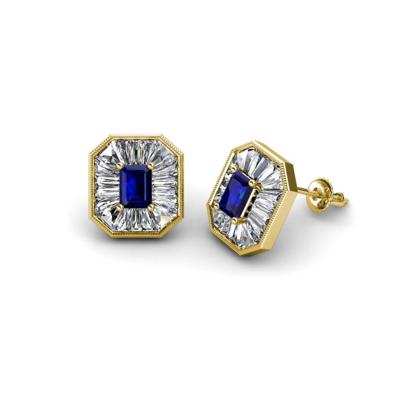 Pamela Iris Emerald Cut Blue Sapphire and Baguette Diamond Milgrain Halo Stud Earrings 