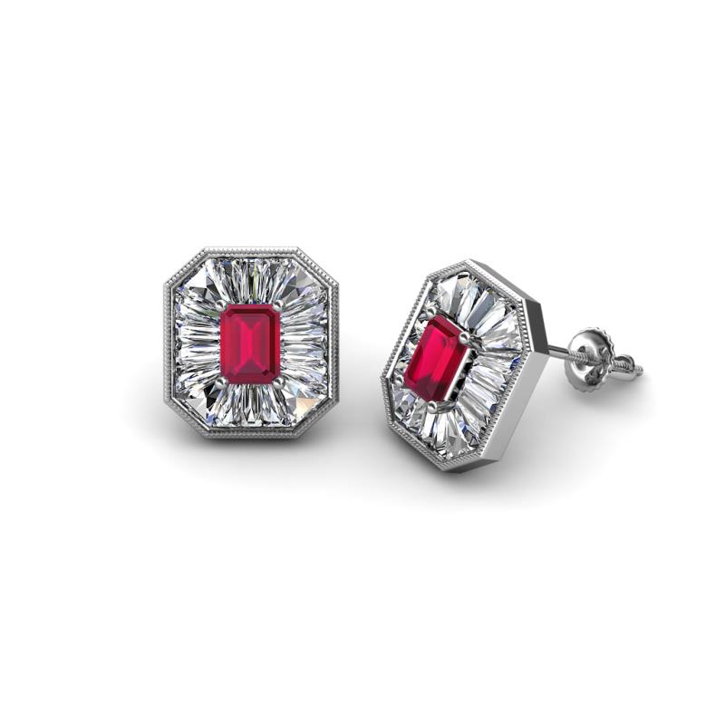 Pamela Iris Emerald Cut Ruby and Baguette Diamond Milgrain Halo Stud Earrings 
