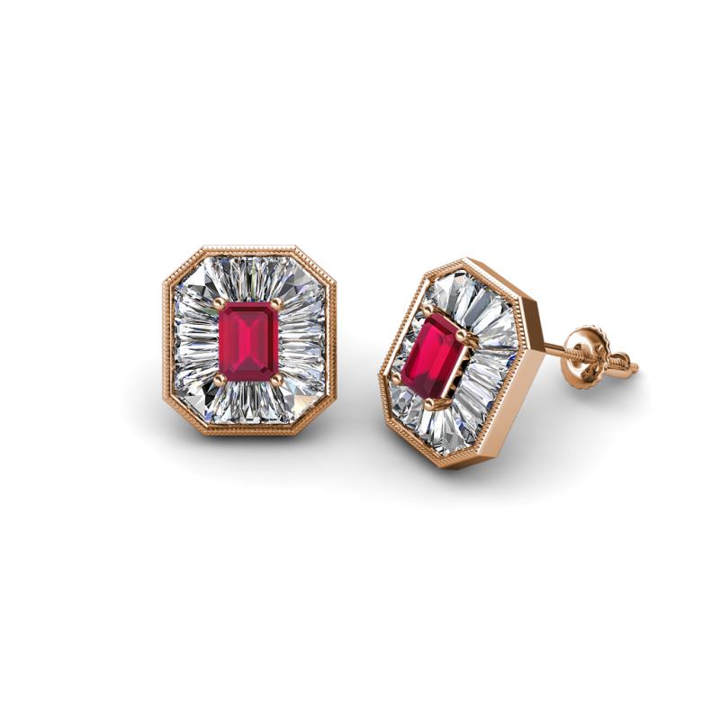 Pamela Iris Emerald Cut Ruby and Baguette Diamond Milgrain Halo Stud Earrings 