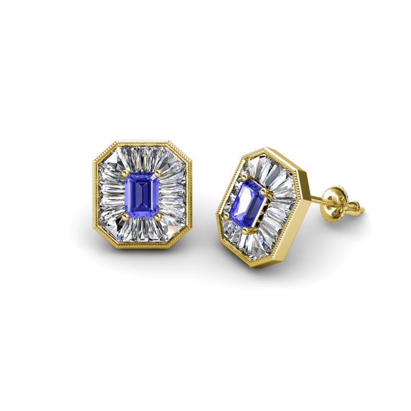 Pamela Iris Emerald Cut Tanzanite and Baguette Diamond Milgrain Halo Stud Earrings 