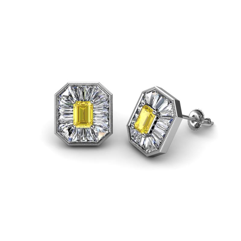 Pamela Iris Emerald Cut Yellow Sapphire and Baguette Diamond Milgrain Halo Stud Earrings 