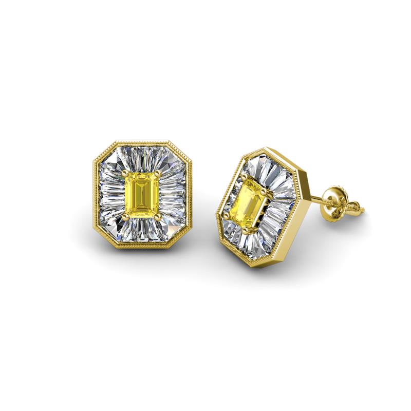 Pamela Iris Emerald Cut Yellow Sapphire and Baguette Diamond Milgrain Halo Stud Earrings 
