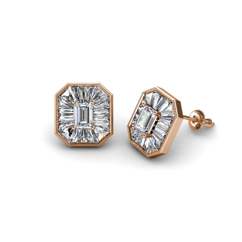 Pamela Iris Emerald Cut and Baguette Diamond Milgrain Halo Stud Earrings 