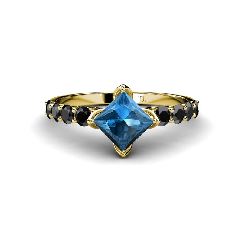Alicia Princess Cut Blue Topaz and Black Diamond Engagement Ring 