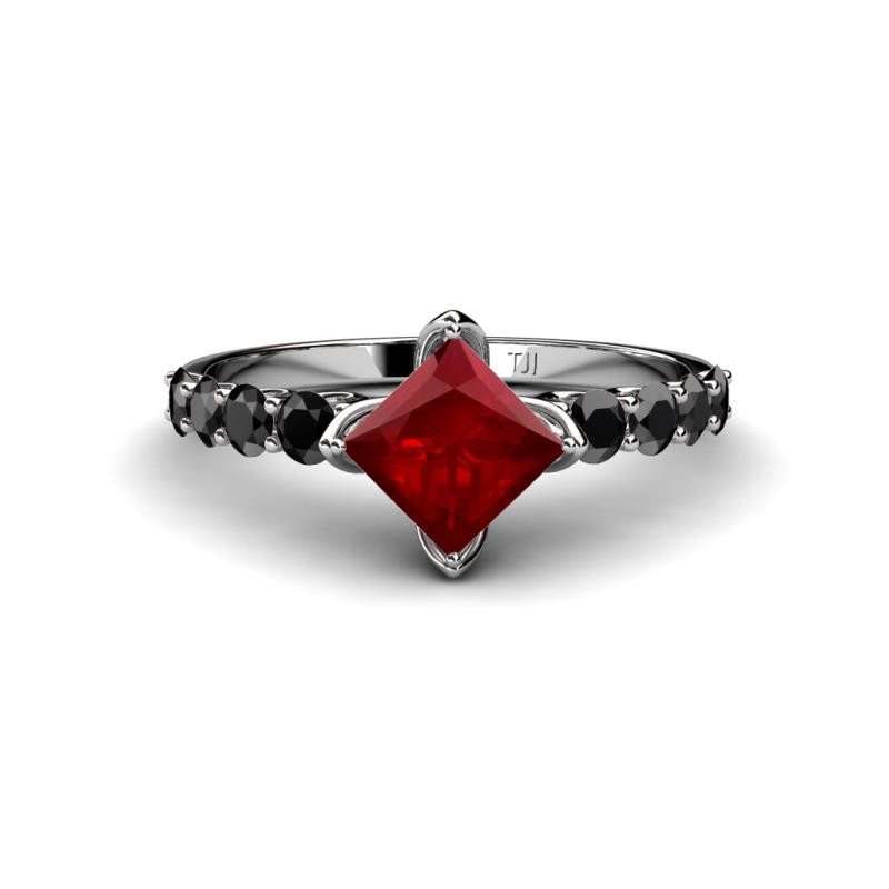 Alicia Princess Cut Red Garnet and Black Diamond Engagement Ring 