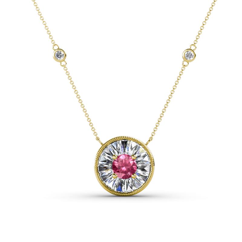 Lillac Iris 0.50 ctw Round Pink Tourmaline and Baguette Diamond Milgrain Halo Pendant Necklace with Diamond Stations 