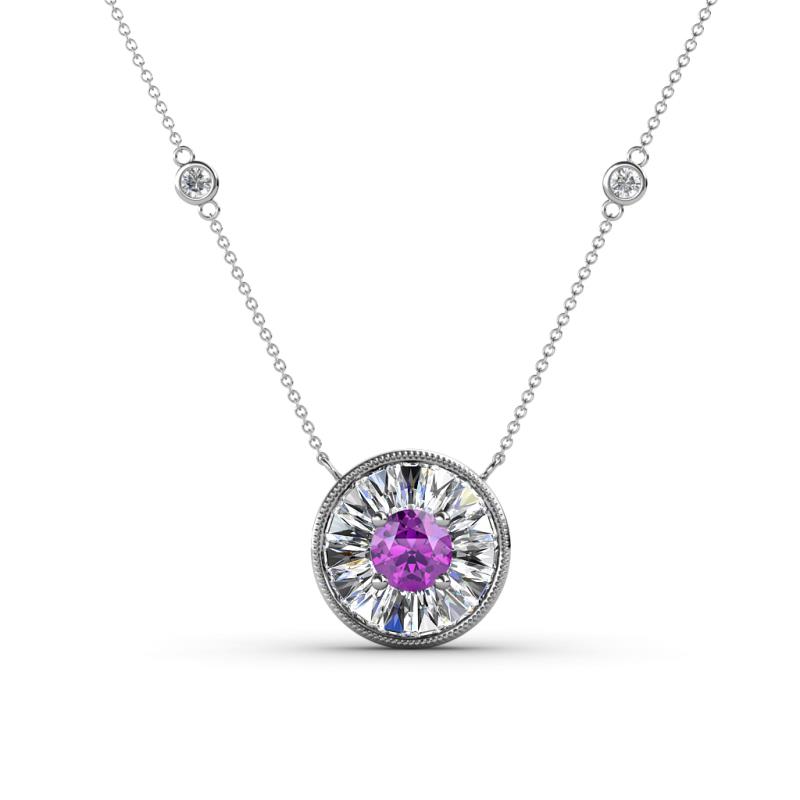 Lillac Iris 0.65 ctw Round Amethyst and Baguette Diamond Milgrain Halo Pendant Necklace with Diamond Stations 