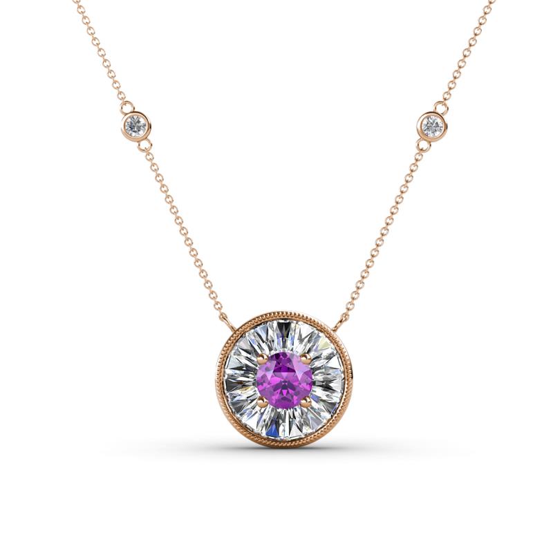 Lillac Iris 0.65 ctw Round Amethyst and Baguette Diamond Milgrain Halo Pendant Necklace with Diamond Stations 