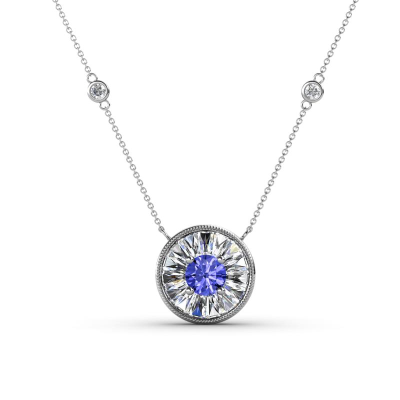 Lillac Iris 0.50 ctw Round Tanzanite and Baguette Diamond Milgrain Halo Pendant Necklace with Diamond Stations 