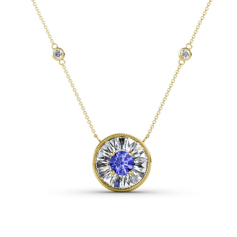 Lillac Iris 0.50 ctw Round Tanzanite and Baguette Diamond Milgrain Halo Pendant Necklace with Diamond Stations 