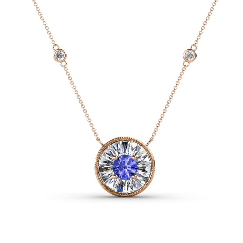 Lillac Iris 0.50 ctw Round Tanzanite and Baguette Diamond Milgrain Halo Pendant Necklace with Diamond Stations 