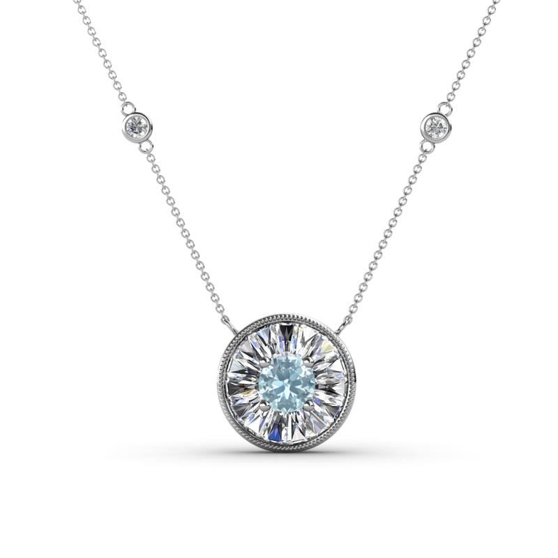 Lillac Iris 0.50 ctw Round Aquamarine and Baguette Diamond Milgrain Halo Pendant Necklace with Diamond Stations 