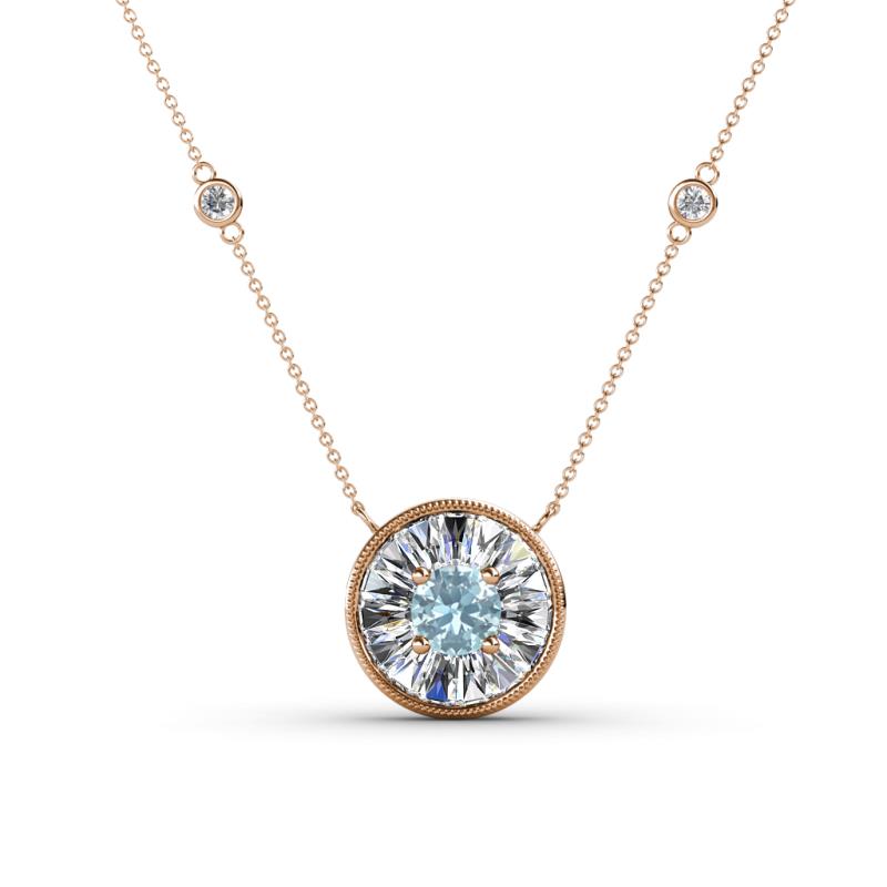 Lillac Iris 0.50 ctw Round Aquamarine and Baguette Diamond Milgrain Halo Pendant Necklace with Diamond Stations 