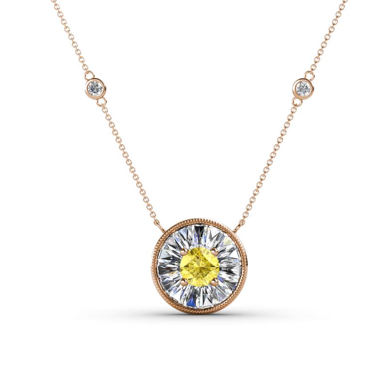 Lillac Iris 0.50 ctw Round Yellow Sapphire and Baguette Diamond Milgrain Halo Pendant Necklace with Diamond Stations 