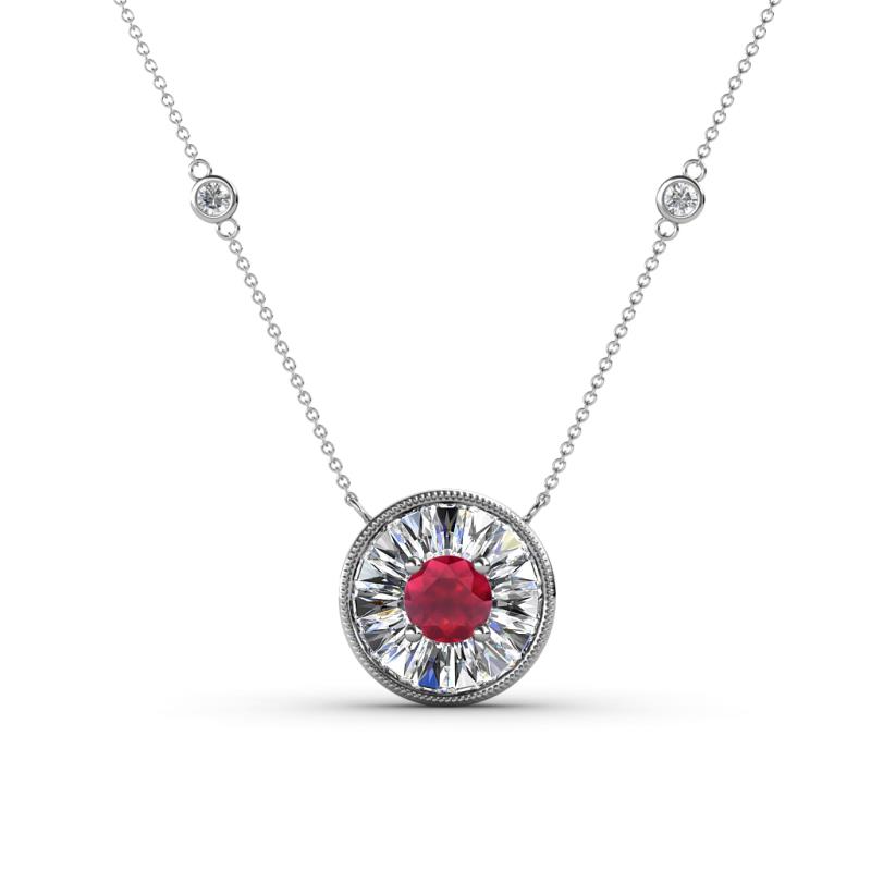 Lillac Iris Round Ruby and Baguette Diamond Milgrain Halo Pendant Necklace with Diamond Stations 
