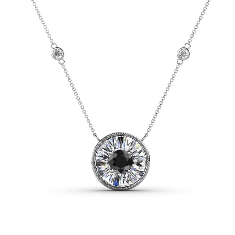 Lillac Iris 0.50 ctw Round Black Diamond and Baguette White Diamond Milgrain Halo Pendant Necklace with Diamond Stations 