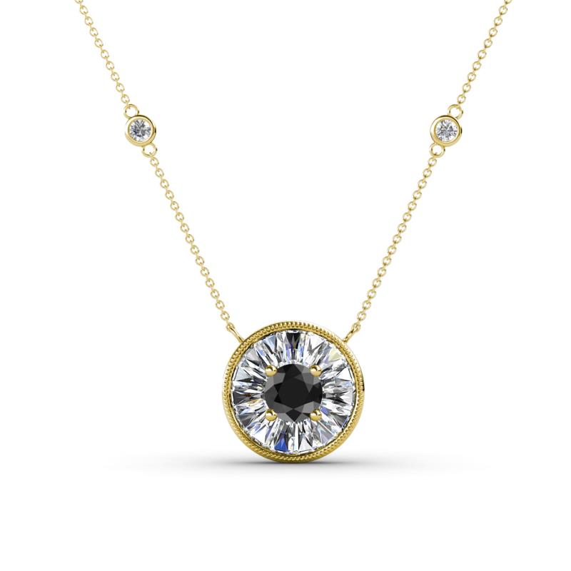 Lillac Iris 0.50 ctw Round Black Diamond and Baguette White Diamond Milgrain Halo Pendant Necklace with Diamond Stations 