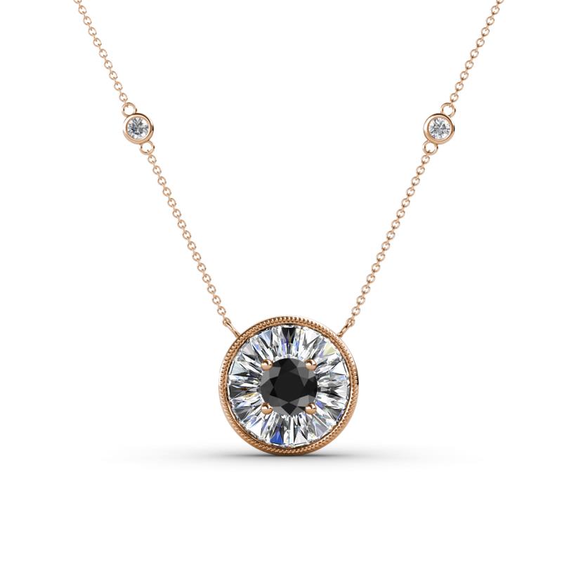 Lillac Iris 0.50 ctw Round Black Diamond and Baguette White Diamond Milgrain Halo Pendant Necklace with Diamond Stations 