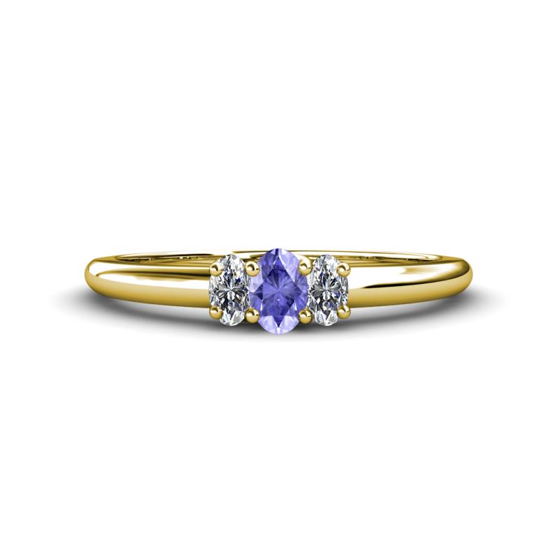Louisa 6x4 mm Oval Cut Tanzanite and Lab Grown Diamond Trellis Three Stone Engagement Ring 