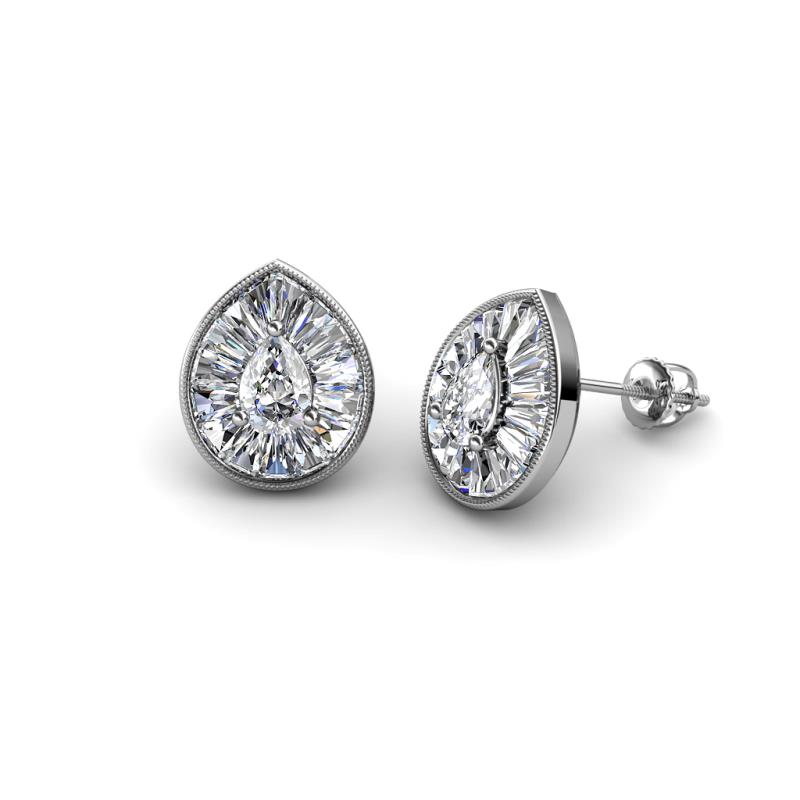 Viola Iris Pear Cut and Baguette Diamond Milgrain Halo Stud Earrings 