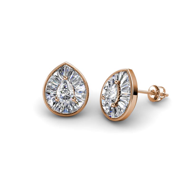 Viola Iris Pear Cut and Baguette Diamond Milgrain Halo Stud Earrings 