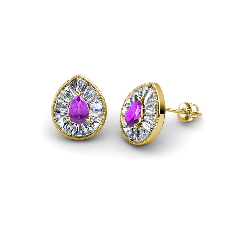 Viola Iris Pear Cut Amethyst and Baguette Diamond Milgrain Halo Stud Earrings 