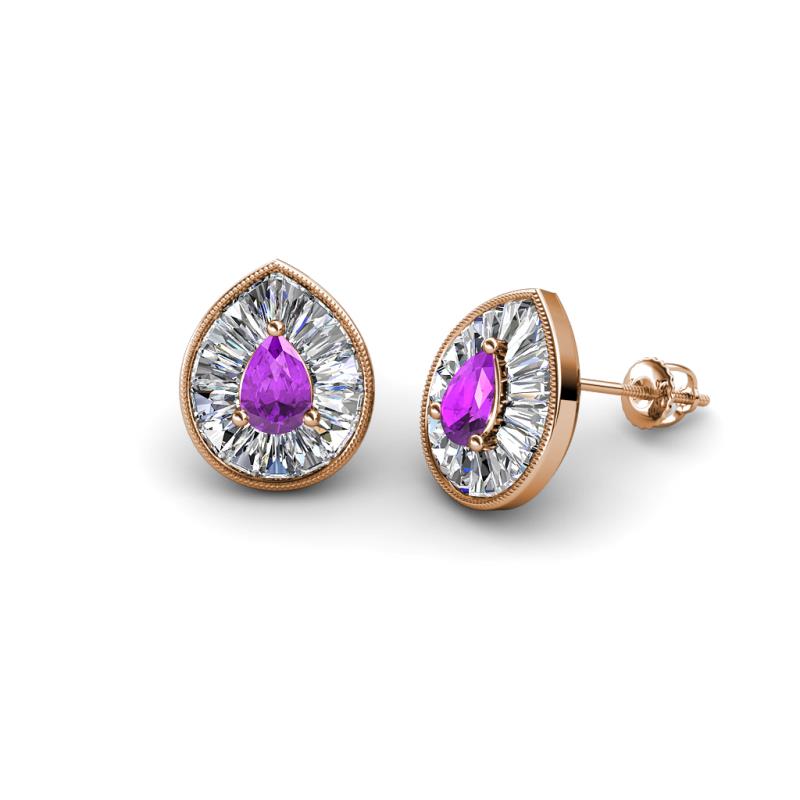 Viola Iris Pear Cut Amethyst and Baguette Diamond Milgrain Halo Stud Earrings 