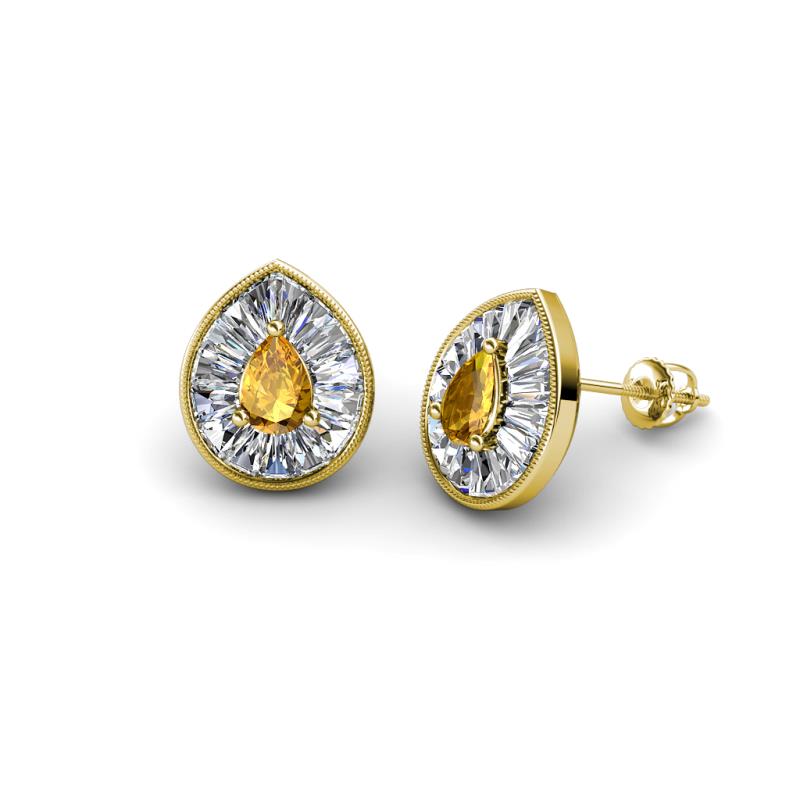 Viola Iris Pear Cut Citrine and Baguette Diamond Milgrain Halo Stud Earrings 
