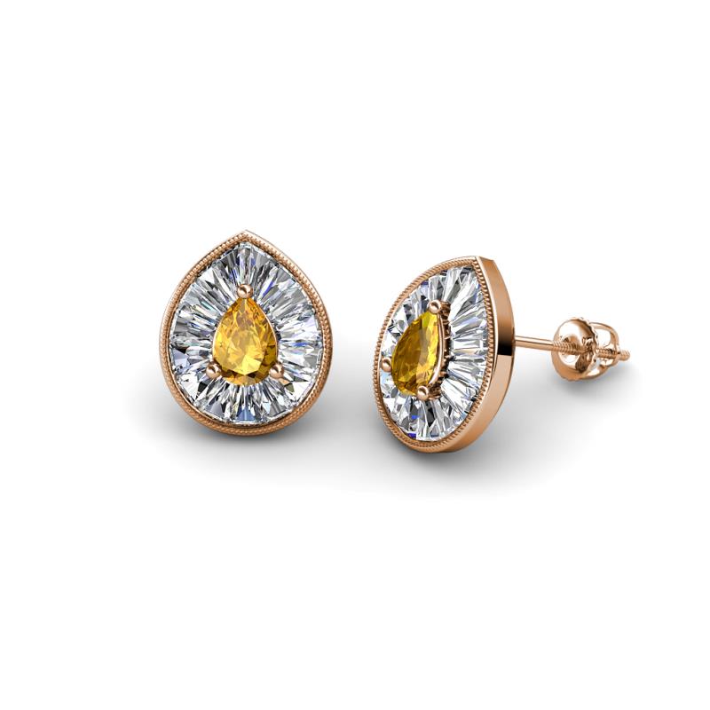 Viola Iris Pear Cut Citrine and Baguette Diamond Milgrain Halo Stud Earrings 