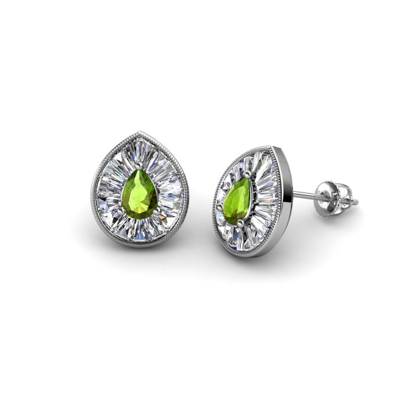Viola Iris Pear Cut Peridot and Baguette Diamond Milgrain Halo Stud Earrings 