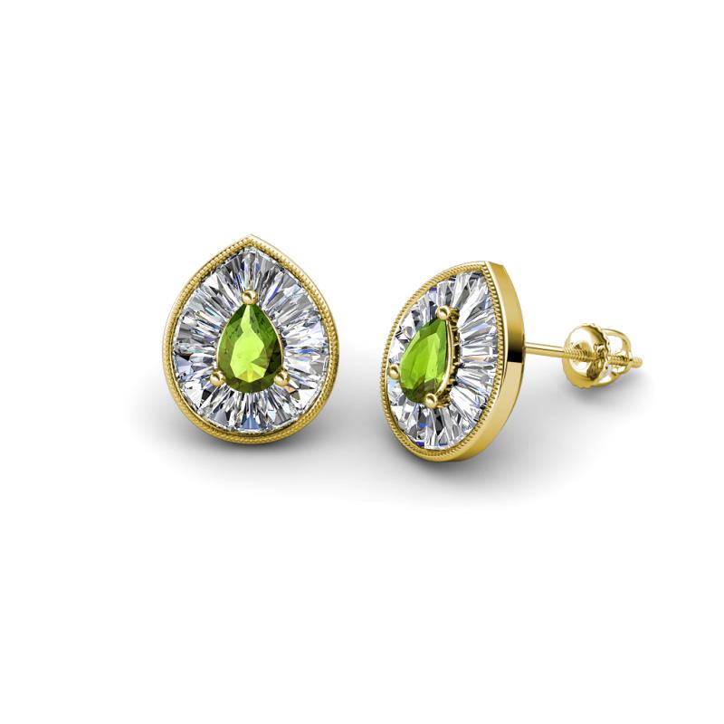 Viola Iris Pear Cut Peridot and Baguette Diamond Milgrain Halo Stud Earrings 