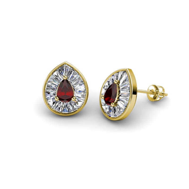 Viola Iris Pear Cut Red Garnet and Baguette Diamond Milgrain Halo Stud Earrings 