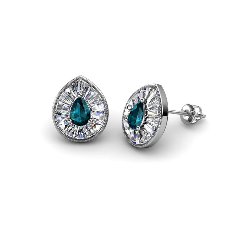Viola Iris Pear Cut London Blue Topaz and Baguette Diamond Milgrain Halo Stud Earrings 