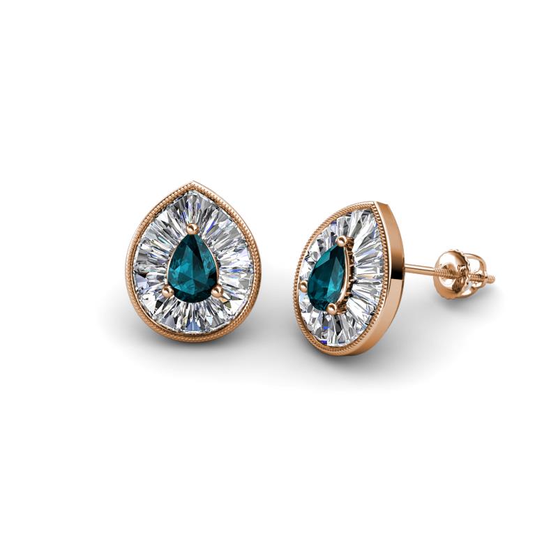 Viola Iris Pear Cut London Blue Topaz and Baguette Diamond Milgrain Halo Stud Earrings 