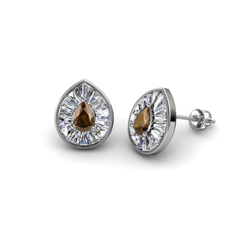 Viola Iris Pear Cut Smoky Quartz and Baguette Diamond Milgrain Halo Stud Earrings 