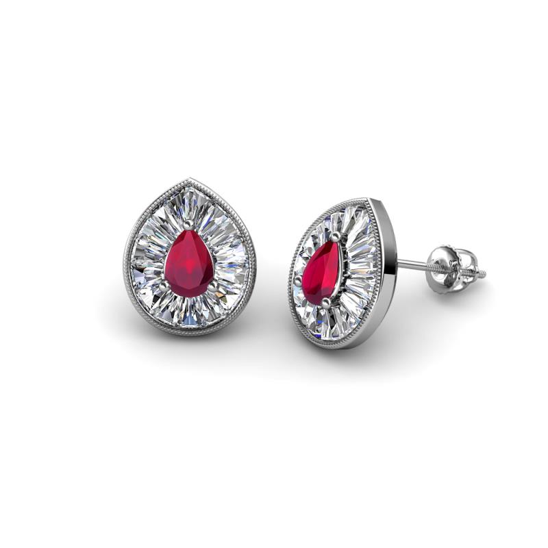 Viola Iris Pear Cut Ruby and Baguette Diamond Milgrain Halo Stud Earrings 