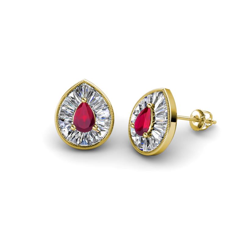 Viola Iris Pear Cut Ruby and Baguette Diamond Milgrain Halo Stud Earrings 