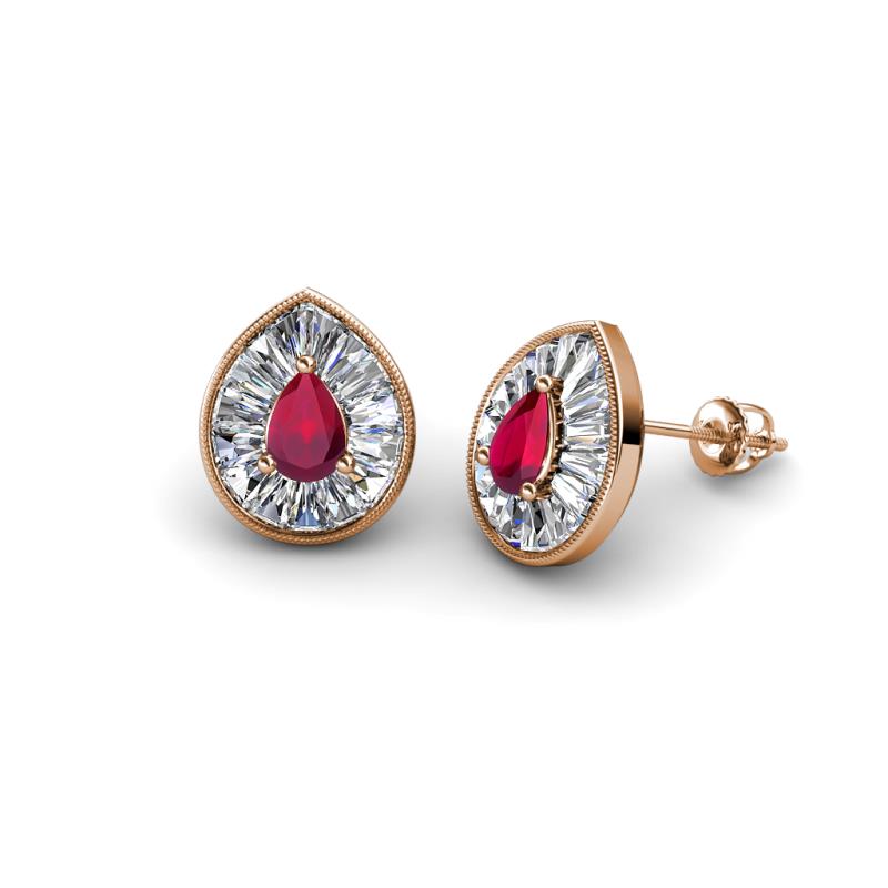 Viola Iris Pear Cut Ruby and Baguette Diamond Milgrain Halo Stud Earrings 