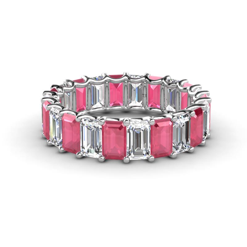 Victoria 5x3 mm Emerald Cut Rhodolite Garnet and Lab Grown Diamond Eternity Band 